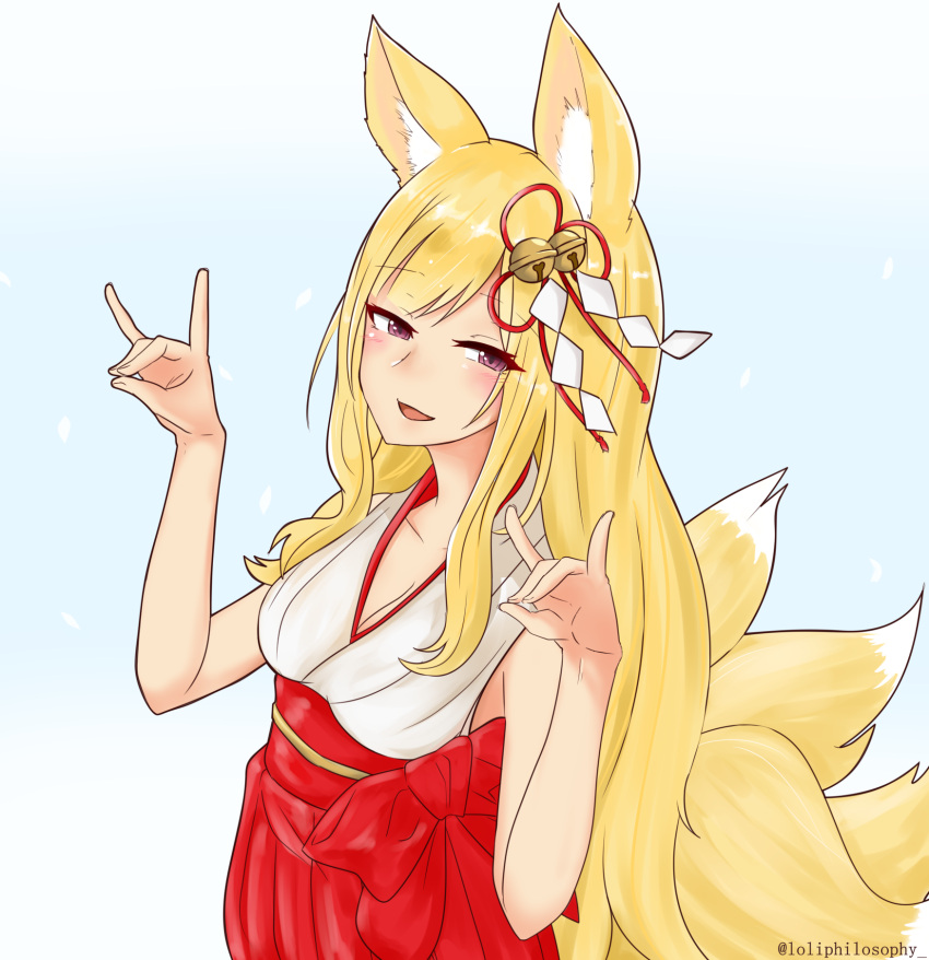 animal_ears artist_name bare_arms bell bell_hair_ornament blonde_hair blush breasts commentary english_commentary fox_ears fox_shadow_puppet highres indie_virtual_youtuber japanese_clothes jingle_bell kitsune light_blue_background loliphilosophy long_hair looking_at_viewer medium_breasts miko multiple_girls open_mouth simple_background sleeveless smile tsukimiya_mai twitter_username violet_eyes virtual_youtuber