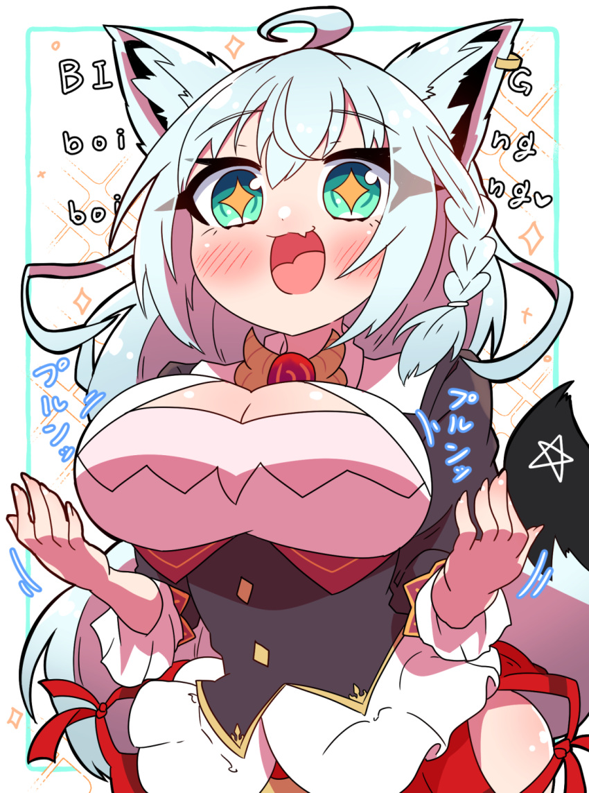 +_+ ahoge animal_ear_fluff animal_ears aqua_eyes bangs braid breasts cosplay dragon_girl earrings fang fox_ears fox_girl fox_tail hair_between_eyes highres hololive jewelry kiryu_coco kiryu_coco_(cosplay) large_breasts long_hair open_mouth pentagram sakuramochi_(sakura_frappe) shirakami_fubuki side_braid single_earring skin_fang star-shaped_pupils star_(symbol) symbol-shaped_pupils tail upper_body virtual_youtuber white_hair