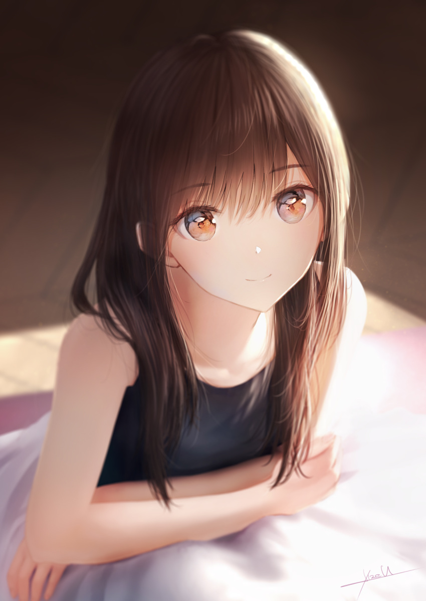 1girl bangs bare_shoulders black_camisole blurry blurry_background brown_eyes brown_hair camisole closed_mouth collarbone crossed_arms feet floor from_above highres indoors long_hair looking_at_viewer looking_up ojay_tkym original signature sitting skirt smile solo white_skirt