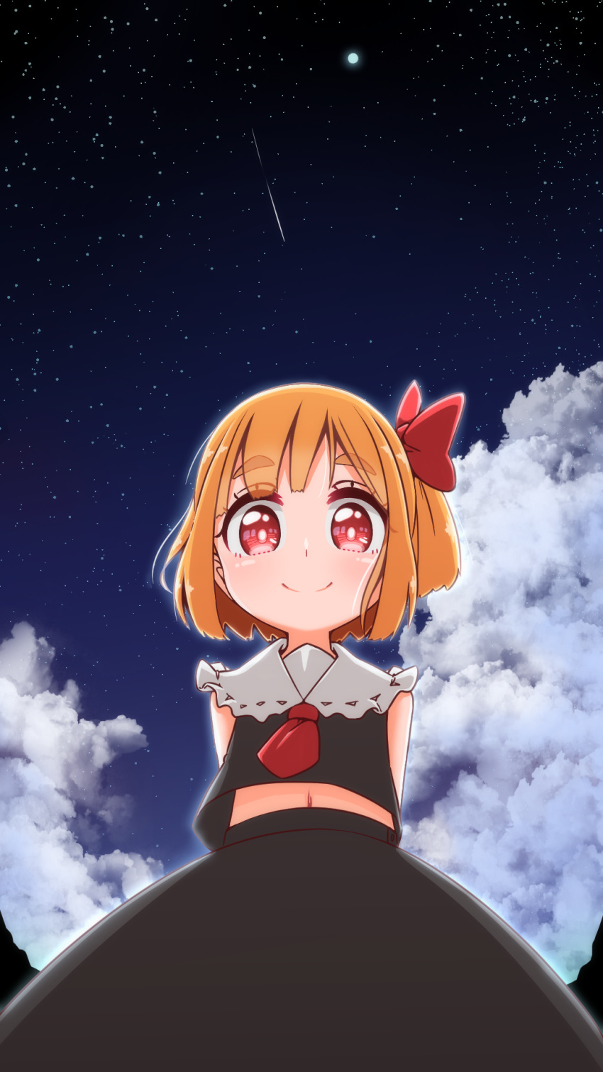 1girl arms_behind_back bangs black_skirt black_vest blonde_hair bow clouds commentary_request hair_bow highres looking_at_viewer midriff_peek navel necktie night outdoors red_bow red_eyes red_neckwear roco_(katsuya1011) rumia shooting_star short_hair short_necktie side_ponytail skirt sky smile solo star_(sky) starry_sky thick_eyebrows touhou vest