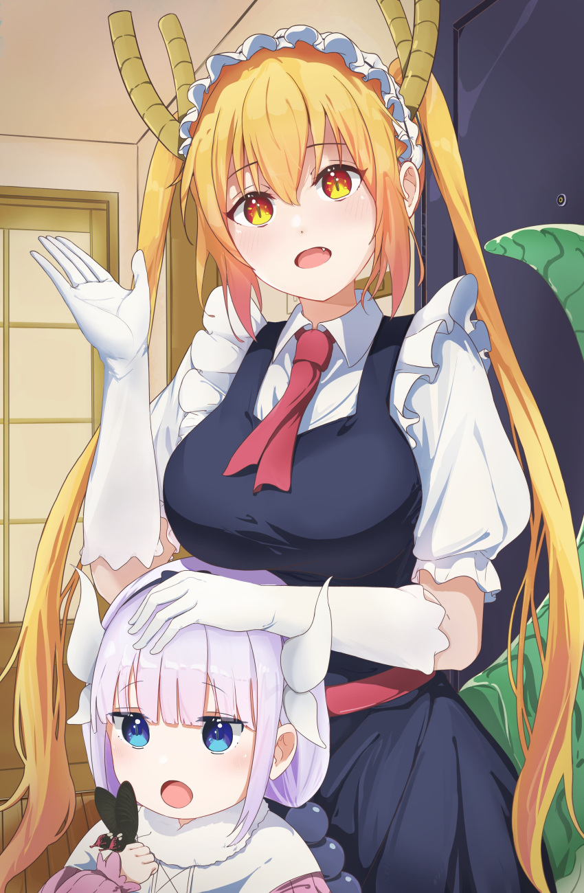 2girls absurdres bangs beads blonde_hair blue_eyes breasts bug butterfly capelet child dragon_horns dragon_tail eyebrows_visible_through_hair gloves hair_beads hair_ornament hand_on_another's_head hand_up highres horns insect kanna_kamui kobayashi-san_chi_no_maidragon large_breasts light_purple_hair long_hair maid maid_headdress mizo multicolored_hair multiple_girls necktie open_mouth orange_hair red_neckwear size_difference tail tohru_(maidragon) twintails very_long_hair waving white_gloves
