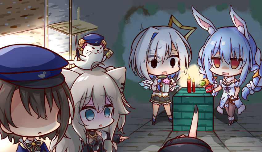 amane_kanata angel animalization axolotl blue_eyes chibi empty_eyes evil_smile gloom_(expression) gurito_(g1200004567) halo hat highres hololive jitome lion_girl minecraft momosuzu_nene oozora_subaru pointing police_hat rabbit_girl scared seal_(animal) shaded_face shishiro_botan smile star_halo usada_pekora