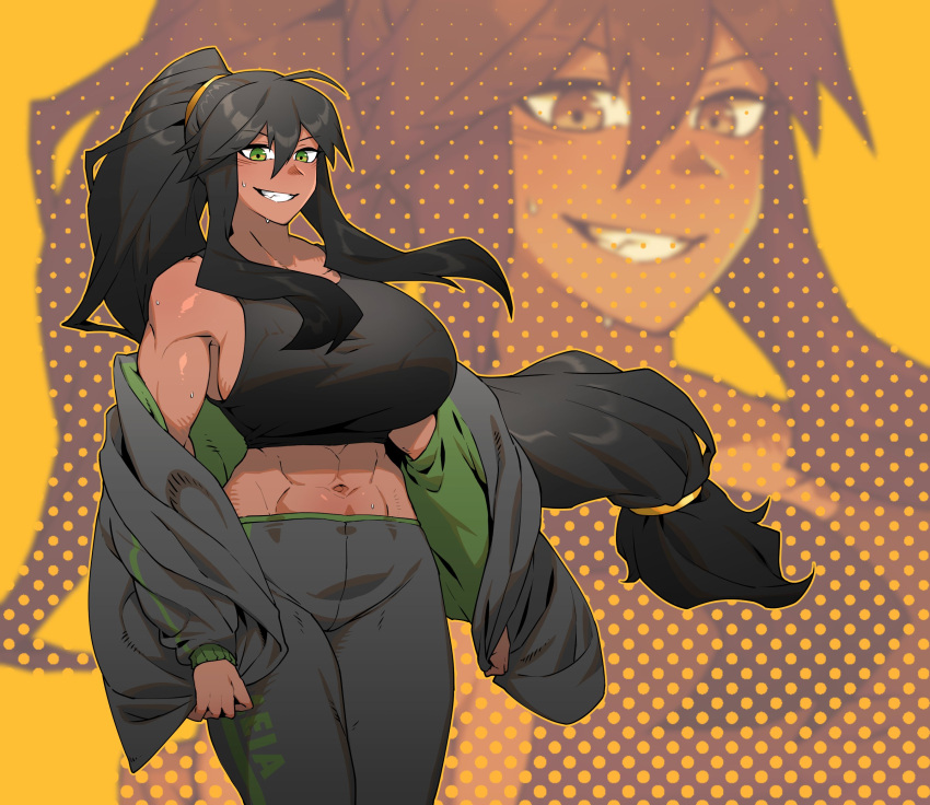 1girl bangs bare_shoulders black_hair breasts commentary_request commission commissioner_upload crop_top dark-skinned_female dark_skin eyebrows_visible_through_hair green_eyes grin highres jacket jacket_removed large_breasts long_hair long_pants midriff navel open_mouth original pants pinkboy ponytail shiny shiny_skin sidelocks sleeveless smile solo sweat teeth toned