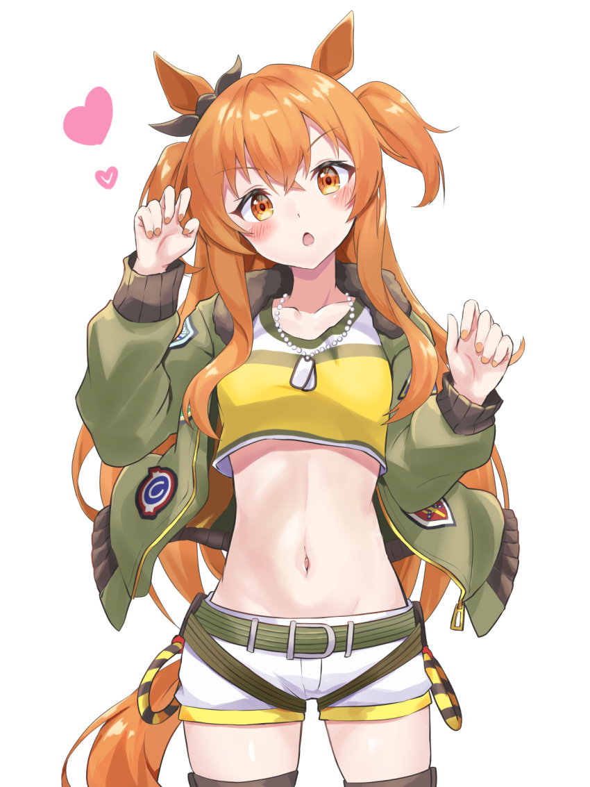 1girl animal_ears blush collarbone commentary_request crop_top dog_tags dusu_(htkj) highres horse_ears horse_girl horse_tail jacket looking_at_viewer mayano_top_gun_(umamusume) navel open_mouth orange_eyes orange_hair shorts simple_background solo tail twintails two_side_up umamusume white_background