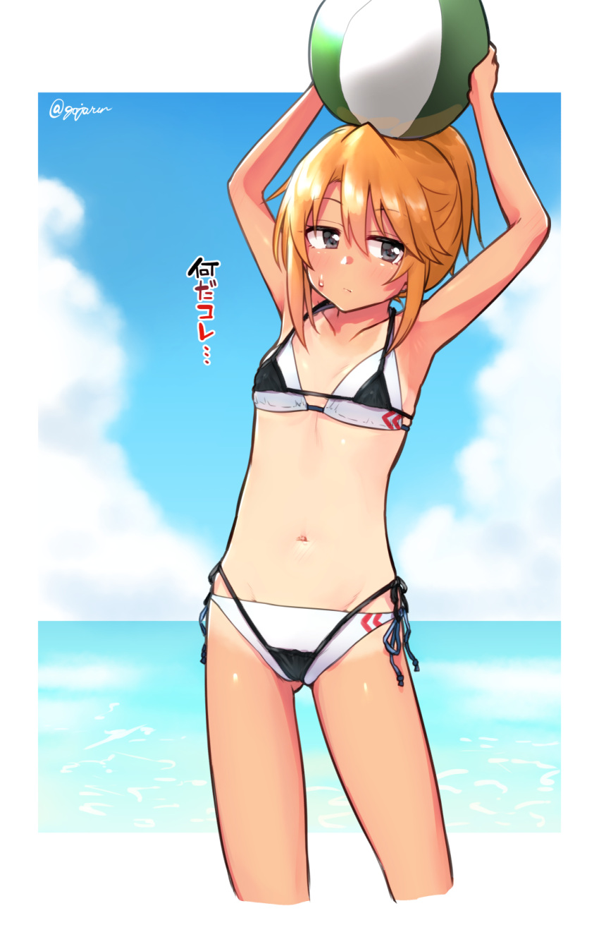 1girl beach bikini black_bikini black_eyes day gojarun highres holding idolmaster idolmaster_cinderella_girls layered_bikini micro_bikini ocean orange_hair outdoors ponytail side-tie_bikini sky solo string_bikini sweatdrop swimsuit tan tanline translated white_bikini you're_doing_it_wrong yuuki_haru