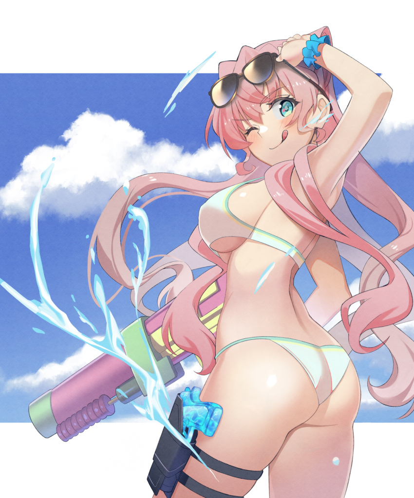 1girl ass bikini blue_eyes breasts day eyewear_on_head from_behind highres holding holding_water_gun holster large_breasts long_hair looking_at_viewer looking_back maria_cadenzavna_eve one_eye_closed pink_hair senki_zesshou_symphogear shiny shiny_hair shiny_skin skindentation splashing standing sunglasses swimsuit thigh_holster thigh_strap toy_gun ueyasu water water_gun wet white_bikini