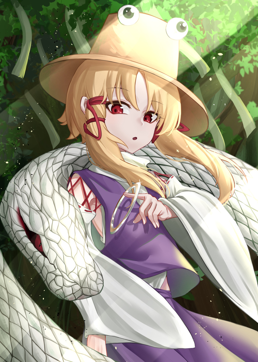 1girl :o absurdres bangs blonde_hair brown_headwear cowboy_shot day detached_sleeves diudada eyebrows_visible_through_hair flat_chest glint hair_tubes hat highres jewelry leaf light_particles light_rays looking_at_animal mishaguji moriya_suwako open_mouth outdoors parted_bangs purple_skirt purple_vest red_eyes ring short_hair_with_long_locks sidelocks skirt snake solo star_(symbol) sunlight touhou tree vest wind wind_lift