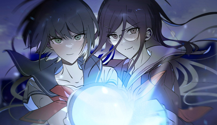 2girls bangs black_hair black_shirt blurry blurry_background brown_eyes brown_hair collarbone dangan_ronpa_(series) dangan_ronpa_another_episode:_ultra_despair_girls floating_hair fukawa_touko glasses glowing hair_ornament hairclip highres holding long_hair looking_at_viewer megaphone mole mole_under_mouth multiple_girls naegi_komaru rimless_eyewear sailor_collar school_uniform shirt short_hair short_sleeves smile upper_body vo1ez white_shirt