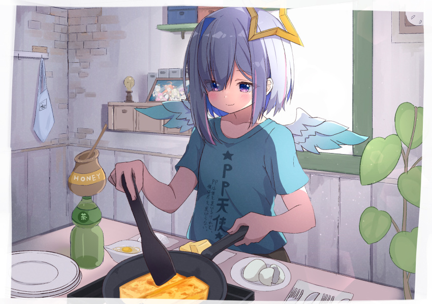 1girl amane_kanata ame. bangs black_skirt blue_hair blue_shirt blue_wings closed_mouth clothes_writing collarbone commentary_request cooking day egg eggshell eyebrows_visible_through_hair eyes_visible_through_hair feathered_wings frying_pan grey_hair hair_over_one_eye highres himemori_luna holding hololive indoors kiryu_coco mini_wings multicolored_hair photo_(object) plate shirt short_sleeves skirt smile solo spatula sunlight tokoyami_towa translation_request tsunomaki_watame two-tone_hair violet_eyes virtual_youtuber white_wings window wings