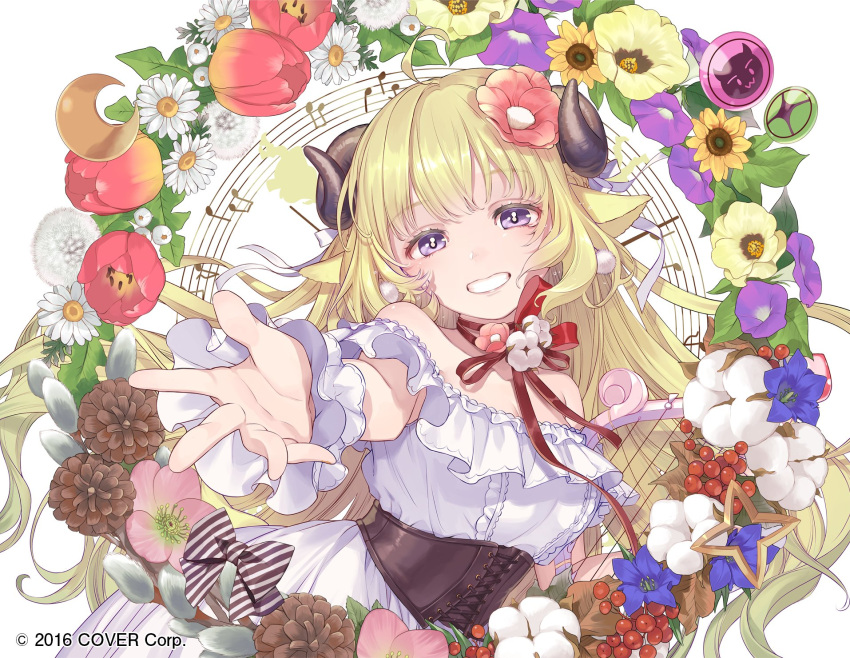 1girl ahoge album_cover animal_ears bangs bare_shoulders black_corset blonde_hair blue_eyes blush cherico company_name corset cover dress eyebrows_visible_through_hair flower food fruit grapes hair_ornament harp highres hololive horns instrument long_hair looking_at_viewer musical_note neck_ribbon purple_flower reaching_out red_flower ribbon sheep_ears sheep_girl sheep_horns smile solo staff_(music) strawberry tsunomaki_watame very_long_hair wrist_cuffs yellow_flower