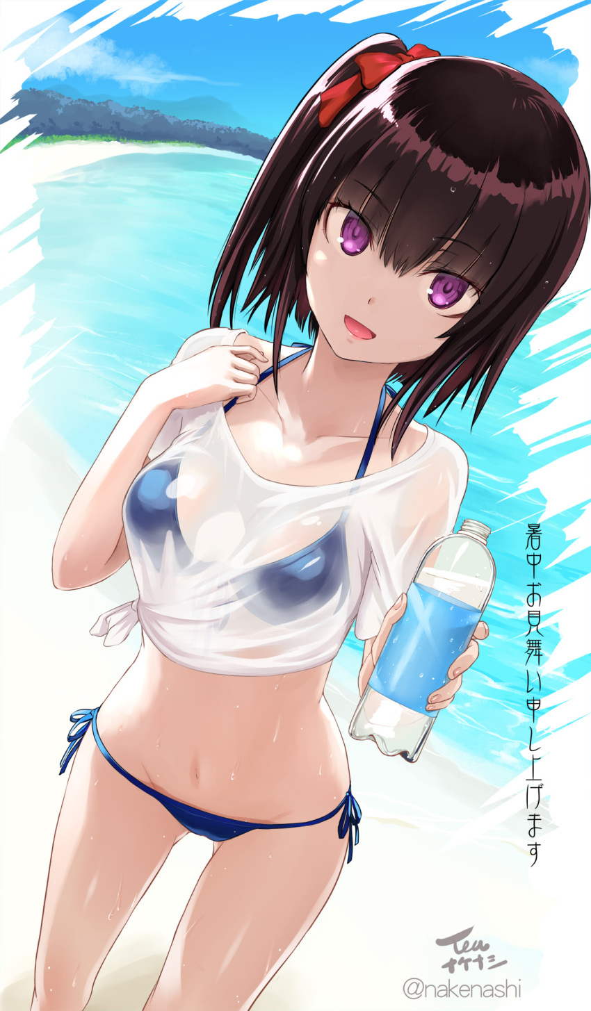 1girl :d beach bikini black_hair blue_bikini bottle bow breasts crop_top day front-tie_bikini front-tie_top groin hair_bow halter_top halterneck hand_up highres holding holding_bottle looking_at_viewer medium_hair navel no_pants one_side_up open_mouth original outdoors see-through shirt side-tie_bikini side-tie_shirt small_breasts smile solo standing stomach string_bikini swimsuit tea_(nakenashi) thighs violet_eyes water wet wet_clothes wet_shirt white_shirt