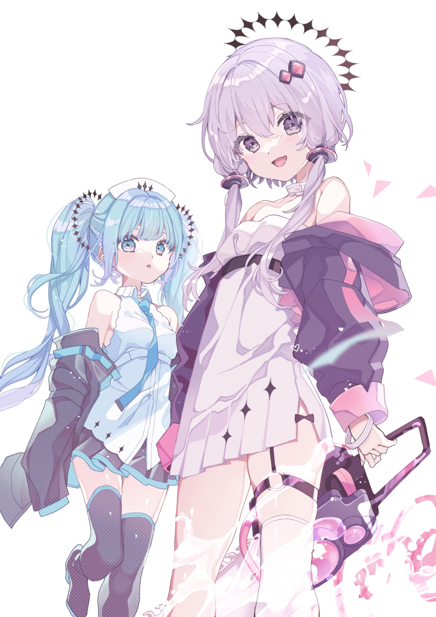 2girls absurdres bare_shoulders black_jacket black_legwear black_skirt blue_eyes blue_hair blue_neckwear boots bracelet breasts choker collared_shirt commentary_request dress eyebrows_visible_through_hair falling_petals fang feet_out_of_frame garter_straps hair_ornament halo hat hatsune_miku highres holding_chainsaw jacket jewelry konpe_itou long_hair looking_at_viewer looking_down multiple_girls necktie nurse_cap off_shoulder open_mouth parted_lips petals pleated_skirt ponytail purple_dress purple_hair purple_jacket shiny shirt simple_background single_thighhigh skin_fang skindentation skirt sleeveless sleeveless_dress sleeveless_shirt sleeves_past_fingers sleeves_past_wrists small_breasts smile splashing thigh-highs thigh_boots thigh_strap twintails violet_eyes vocaloid voiceroid white_background white_choker white_legwear white_shirt yuzuki_yukari