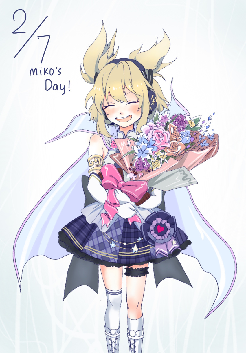 1girl adapted_costume armlet bangs blonde_hair blue_flower blush boots bouquet bow cape closed_eyes commentary_request dated earmuffs elbow_gloves english_text eyebrows_visible_through_hair feet_out_of_frame flower flower_request gloves grey_background happy highres holding holding_bouquet kirigawa_mika knee_boots leg_garter open_mouth over-kneehighs pink_bow pink_flower plaid plaid_skirt pointy_hair purple_flower purple_skirt short_hair silver_trim simple_background skirt smile solo standing star_(symbol) thigh-highs touhou toyosatomimi_no_miko uneven_legwear v-shaped_eyebrows white_cape white_footwear white_gloves white_legwear yellow_flower