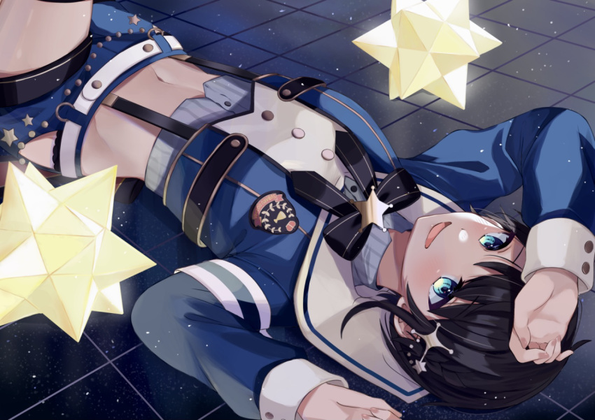 1girl arm_on_head arm_up bangs belt black_hair blue_eyes blue_jacket blue_shorts buttons commentary_request hair_ornament hololive jacket light long_sleeves looking_at_viewer lying midriff moonbell on_back oozora_subaru open_mouth patch shirt short_hair shorts smile solo star_(symbol) star_hair_ornament striped striped_shirt suspenders swept_bangs tile_floor tiles vertical-striped_shirt vertical_stripes vest virtual_youtuber white_belt white_vest