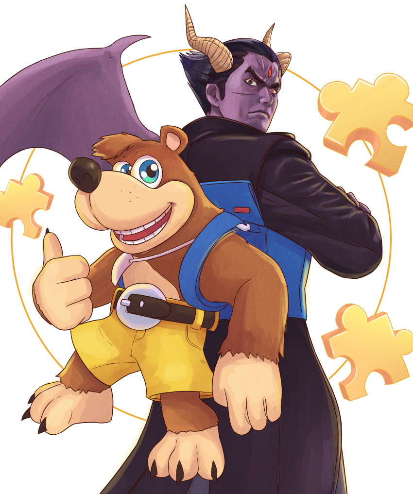 2boys animal backpack bag bandai_namco banjo-kazooie banjo_(banjo-kazooie) bear bear_boy black_hair blue_eyes brown_hair colored_skin crossed_arms dark_persona demon_horns demon_wings devil_(tekken) gloves green_eyes highres horns jigsaw_puzzle looking_at_viewer male_focus mammal microsoft mishima_kazuya monster monster_boy multiple_boys muscular namco nintendo open_mouth pun purple_skin rareware red_eyes scar short_hair shorts simple_background smile super_smash_bros. tekken tekken_7 thick_eyebrows truejekart wings