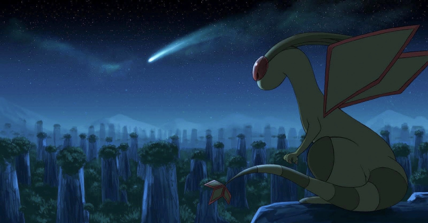 arigato_omuraisu commentary_request flygon fog gen_3_pokemon highres mountainous_horizon night no_humans outdoors pokemon pokemon_(creature) shooting_star sky solo star_(sky) tanabata