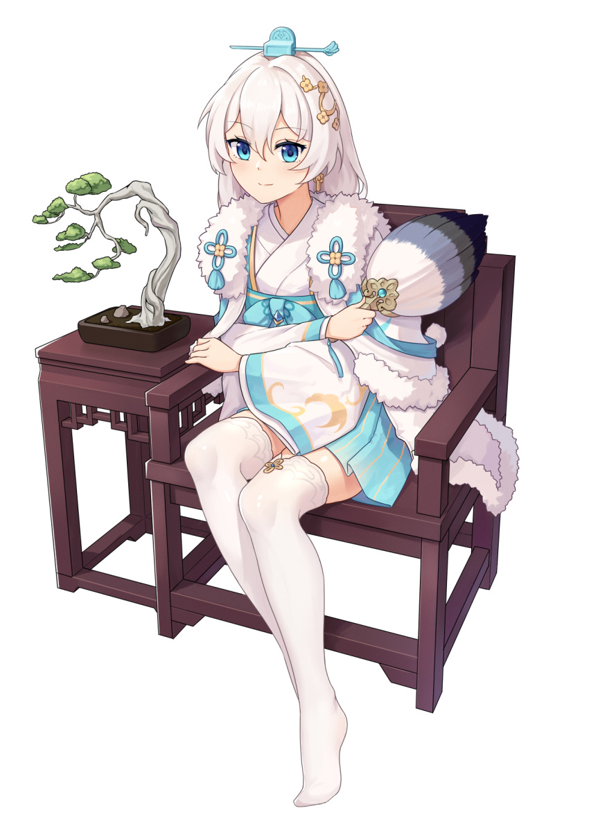 1girl bangs blue_eyes bonsai cat-quest-sun chair chinese_clothes closed_mouth fan full_body hair_between_eyes hair_ornament highres holding honkai_(series) honkai_impact_3rd looking_at_viewer simple_background sitting smile solo table theresa_apocalypse theresa_apocalypse_(starlit_astrologos) thigh-highs white_background white_hair white_legwear zhuge_kongming_(honkai_impact)