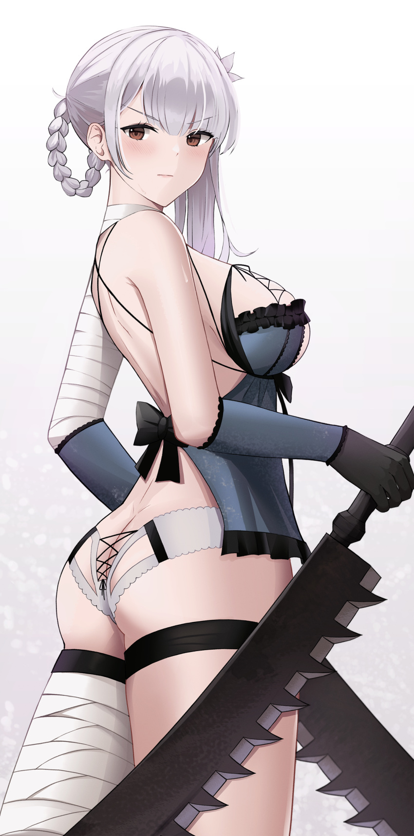 1girl absurdres ass bandaged_arm bandaged_leg bandages bare_shoulders black_gloves braid breasts brown_eyes closed_mouth dual_wielding from_side gloves hair_rings highres holding holding_sword holding_weapon kaine_(nier) lingerie long_hair looking_at_viewer looking_to_the_side medium_breasts negligee nier nier_(series) panties revealing_clothes reverse_grip simple_background solo standing sword thigh_strap thighs tied_hair tio_(005) underwear v-shaped_eyebrows weapon white_background white_hair white_panties
