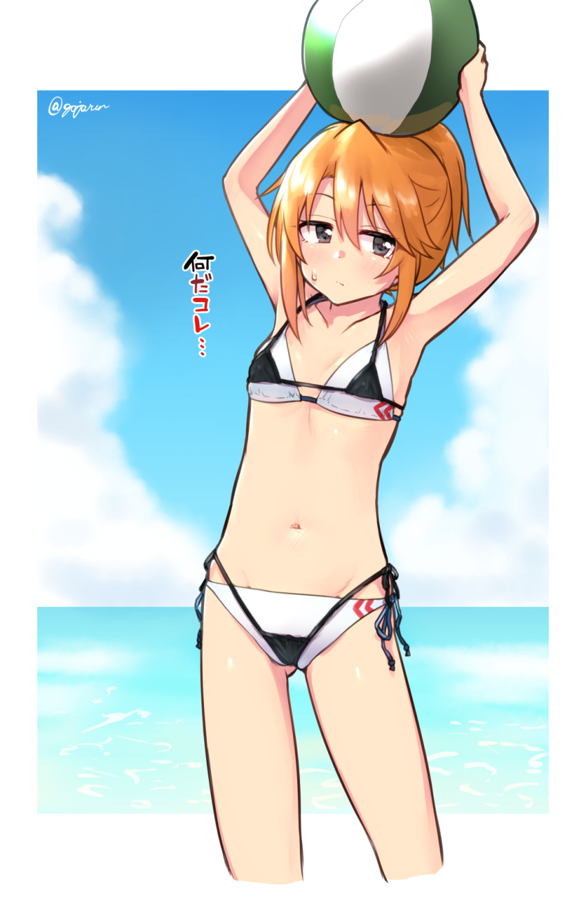 1girl beach bikini black_bikini black_eyes day gojarun highres holding idolmaster idolmaster_cinderella_girls layered_bikini micro_bikini ocean orange_hair outdoors ponytail side-tie_bikini sky solo string_bikini sweatdrop swimsuit translated white_bikini you're_doing_it_wrong yuuki_haru