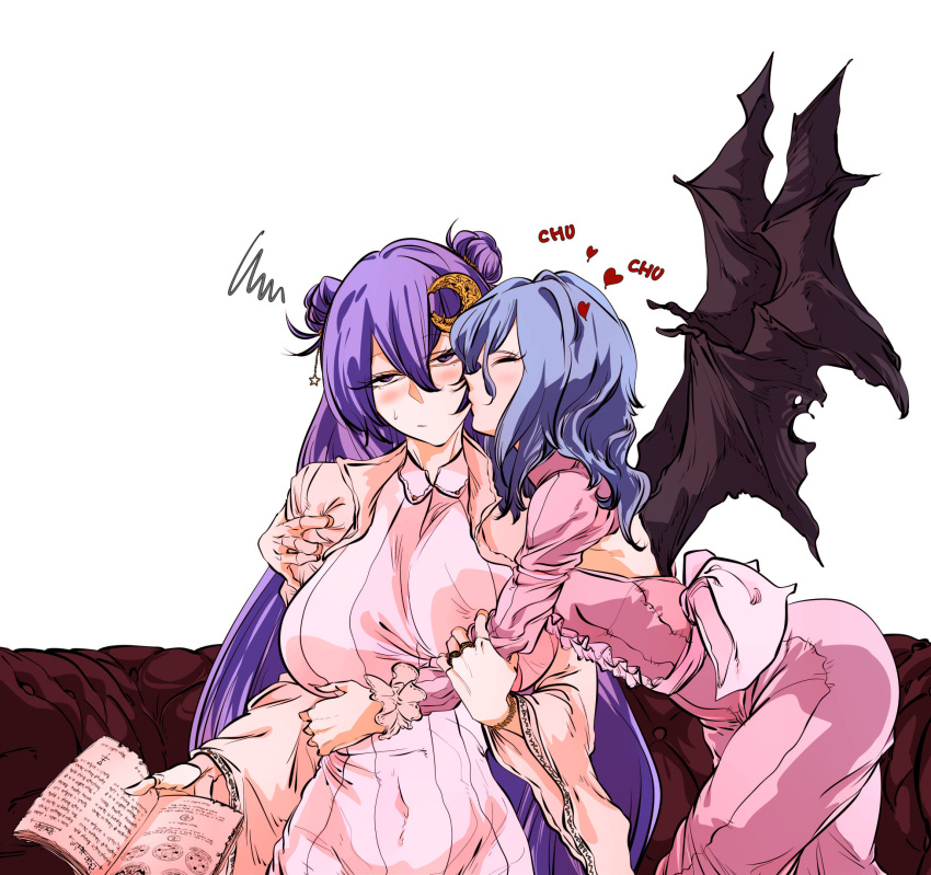 2girls bat_wings blush book bracelet cheek_kiss commentary_request crescent crescent_hair_ornament double_bun dress frilled_sleeves frills hair_ornament hand_on_another's_shoulder heart highres jewelry kiss kyanduru light_blue_hair long_sleeves multiple_girls patchouli_knowledge pink_dress purple_hair remilia_scarlet ring star_(symbol) touhou violet_eyes wide_sleeves wings