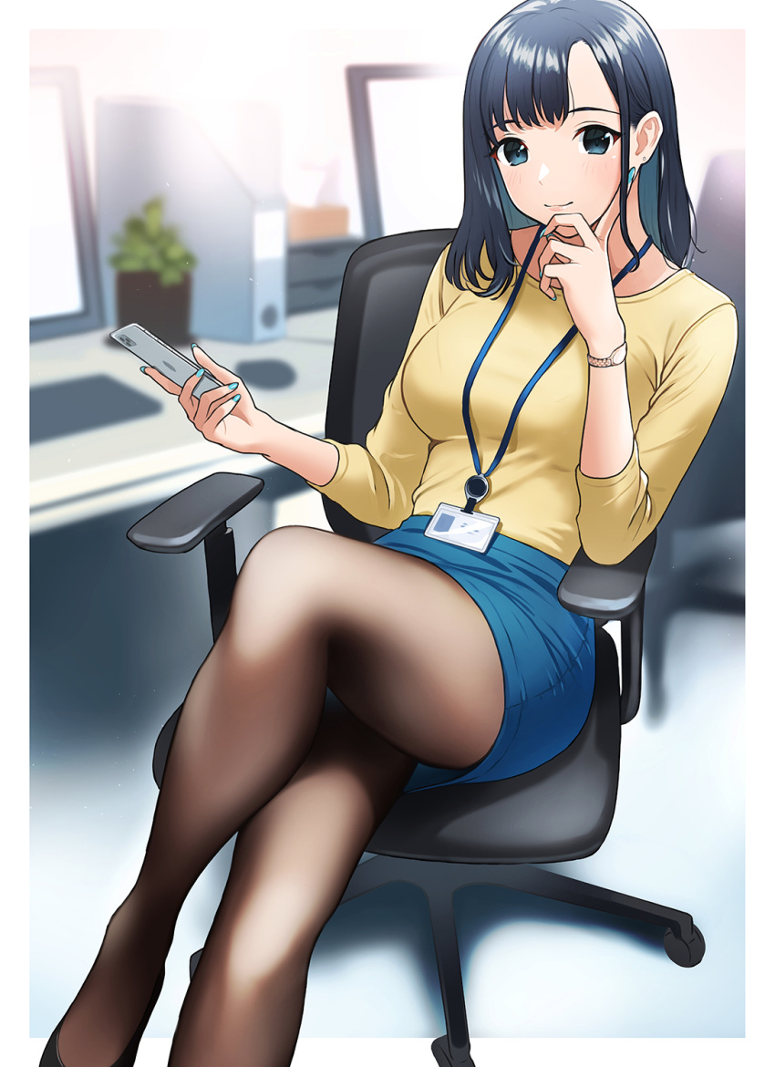 1girl bangs black_footwear black_legwear blue_eyes blue_hair blue_skirt blurry blurry_background blush chair closed_mouth computer crossed_legs desk doushimasho hand_on_own_face hand_up highres holding holding_phone indoors lanyard long_sleeves looking_at_viewer medium_hair nail_polish office_lady original pantyhose pencil_skirt phone plant shirt shoes sitting skirt smile solo watch yellow_shirt