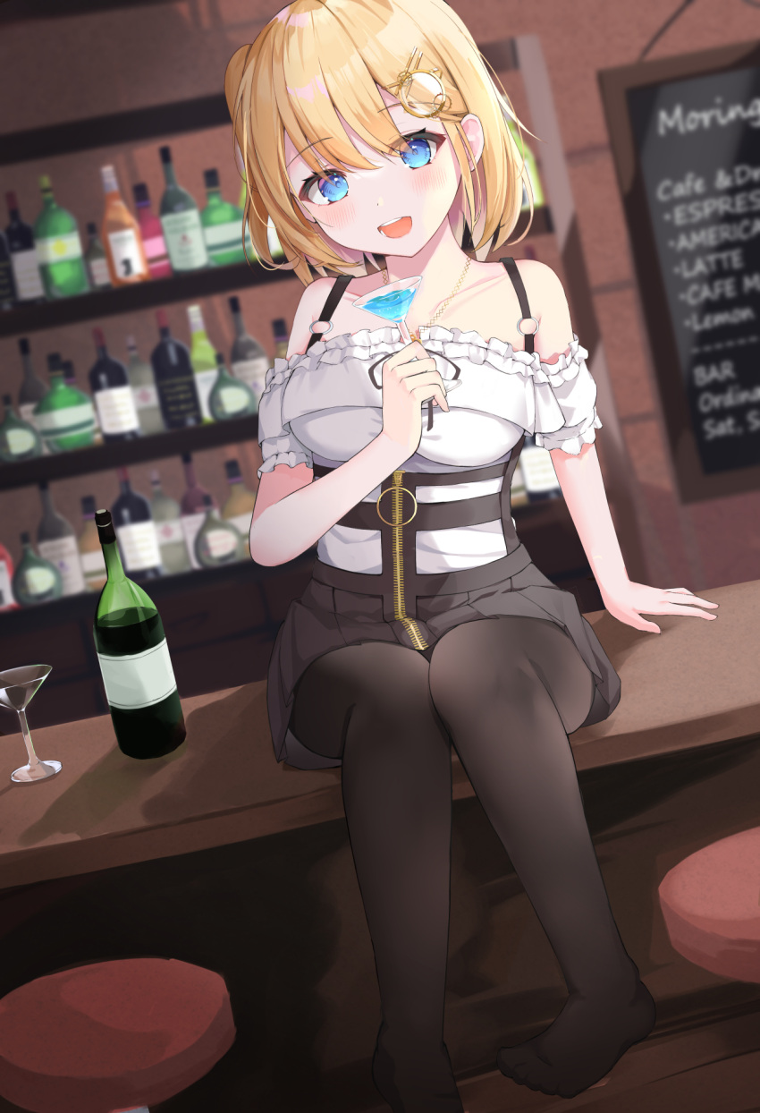 1girl akie_(44265104) alcohol bangs bar bar_stool black_skirt blonde_hair blouse blue_eyes blush bottle breasts cocktail_glass collarbone counter cup detached_sleeves detective drinking_glass eyebrows_visible_through_hair hair_ornament hairpin highres holding holding_cup hololive hololive_english jewelry large_breasts looking_at_viewer menu_board monocle_hair_ornament necklace no_shoes off_shoulder open_mouth pantyhose shadow shelf short_hair sitting skirt smile solo stool virtual_youtuber watson_amelia white_blouse zipper