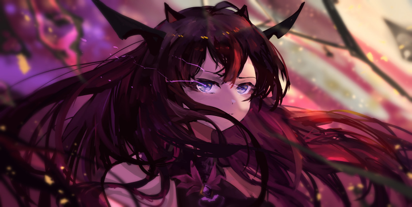 1girl absurdres amulet bare_shoulders black_dress black_hair demon_horns dress furrowed_brow glowing glowing_eyes hair_between_eyes hair_over_mouth highres hololive hololive_english horns irys_(hololive) light_trail long_hair looking_at_viewer multicolored multicolored_background multicolored_hair portrait purple_hair redhead solo violet_eyes virtual_youtuber vyragami