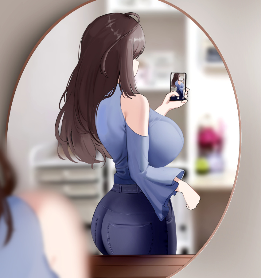 1girl absurdres ass bare_shoulders blue_pants blue_shirt breasts brown_hair cellphone clothing_cutout curvy from_behind highres huge_breasts long_hair mirror nicorima original pants phone reflection selfie shirt shoulder_cutout smartphone taking_picture wide_sleeves