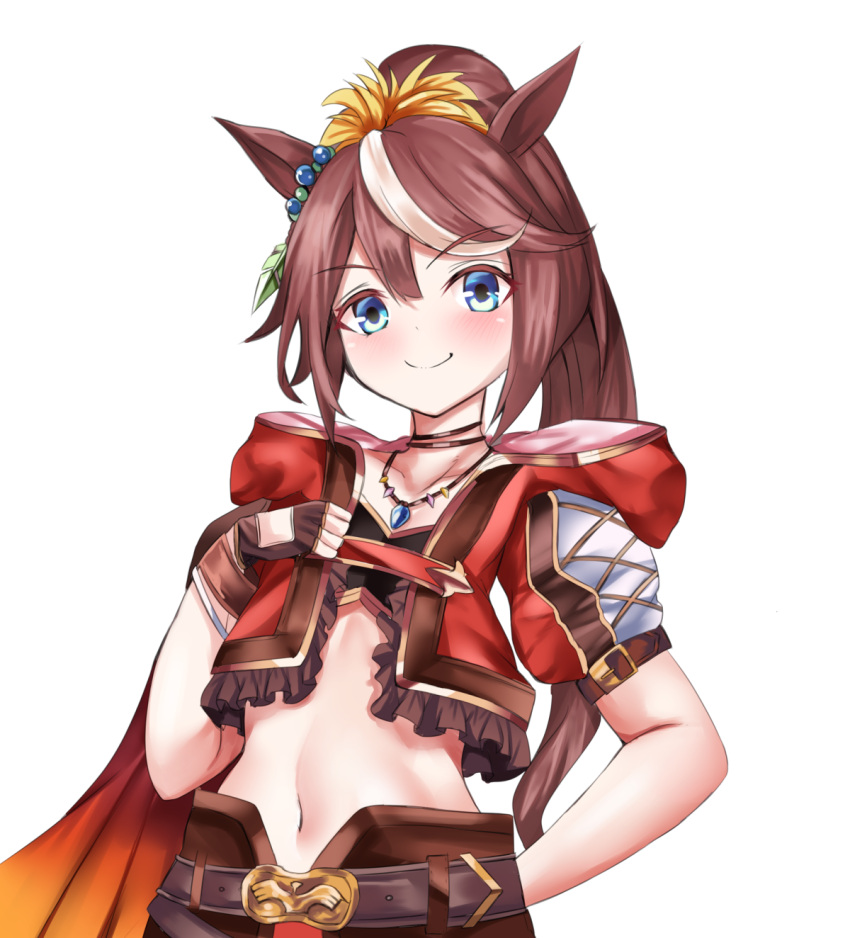&gt;:) 1girl animal_ears bangs black_gloves blue_eyes blush brown_hair closed_mouth collarbone commentary_request cropped_jacket eyebrows_visible_through_hair fingerless_gloves gloves hair_between_eyes hand_up high_ponytail highres horse_ears jacket jewelry long_hair multicolored_hair navel pendant ponytail puffy_short_sleeves puffy_sleeves red_jacket setu_(shining12) short_sleeves simple_background smile solo streaked_hair tokai_teio_(umamusume) umamusume upper_body v-shaped_eyebrows very_long_hair white_background white_hair