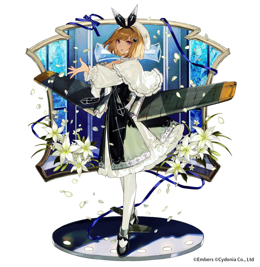 1girl ash_arms bangs beret black_footwear brown_hair character_request chocoan dress flower full_body hair_ornament hat heart heart_hair_ornament highres medium_hair open_mouth petals puffy_sleeves solo violet_eyes white_background white_legwear