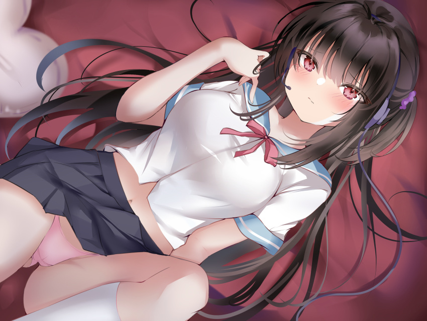 1girl absurdres arm_up ass_visible_through_thighs bangs bed_sheet black_hair black_skirt blue_sailor_collar blunt_bangs blush closed_mouth eyebrows_visible_through_hair hair_ribbon heart heart_pillow highres kneehighs long_hair looking_at_viewer lying midriff_peek navel non-web_source on_back on_bed original panties pillow pink_panties pon_(ponidrop) red_eyes red_neckwear ribbon sailor_collar school_uniform serafuku shirt short_sleeves skirt solo thighs underwear white_legwear white_shirt