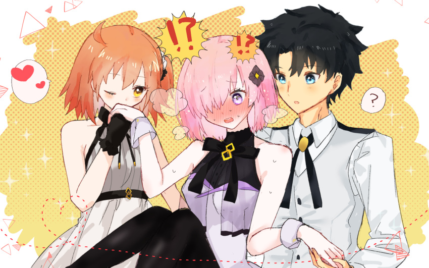 !? 1boy 2girls ? ahoge alternate_costume bangs bare_shoulders bisexual_(female) black_bow black_flower black_gloves black_hair black_legwear black_neckwear blue_eyes blush bow bowtie breasts buttons commentary_request dress eyebrows_visible_through_hair fate/grand_order fate_(series) flower formal fujimaru_ritsuka_(female) fujimaru_ritsuka_(male) gloves hair_between_eyes hair_flower hair_ornament hair_over_one_eye hand_kiss harukappa heart highres holding_hands kiss long_sleeves looking_at_another mash_kyrielight multiple_girls official_alternate_costume one_eye_closed open_mouth orange_hair pantyhose pink_hair shirt sleeveless sleeveless_dress speech_bubble sweat sweatdrop teeth under_the_same_sky vest violet_eyes white_dress white_shirt white_vest yellow_eyes