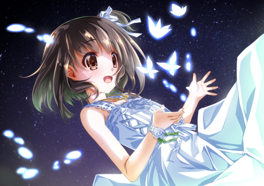 1girl bare_arms black_hair brown_eyes bug butterfly commentary_request dress dutch_angle highres idolmaster idolmaster_million_live! idolmaster_million_live!_theater_days insect jewelry long_dress nakatani_iku necklace night one_side_up open_mouth pearl_necklace ribbon senomoto_hisashi short_hair sky sleeveless sleeveless_dress solo star_(sky) starry_sky sundress white_dress wrist_flower wrist_ribbon