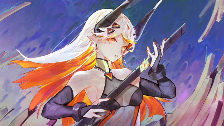1girl breasts colored_inner_hair cross cross_earrings earrings elbow_gloves english_commentary flaming_sword flaming_weapon gloves hair_behind_ear halter_top halterneck highres holding holding_sword holding_weapon horns jewelry long_hair mahou_arms multicolored_hair orange_eyes orange_hair parted_lips partially_fingerless_gloves pointy_ears sheath silver_hair small_breasts softmode solo sword unsheathing upper_body weapon xerxes_(mahou_arms)