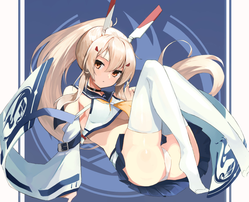 1girl ayanami_(azur_lane) azur_lane bangs belt blonde_hair blue_sailor_collar blue_skirt breasts closed_mouth commentary crop_top detached_sleeves emblem floating frown headgear highres knees_up long_hair looking_at_viewer medium_hair miniskirt navel neckerchief onkyi outside_border panties pleated_skirt ponytail red_eyes sailor_collar shirt skirt sleeveless sleeveless_shirt solo thigh-highs under_boob underwear very_long_hair white_belt white_legwear white_panties white_sleeves wide_sleeves yellow_neckwear