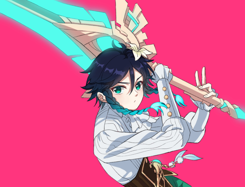 1boy aliceseed androgynous ascot bangs black_hair blue_hair braid collared_shirt commentary_request corset cravat feathers flower frilled_sleeves frills furrowed_brow genshin_impact glowing glowing_sword glowing_weapon gradient_hair greatsword green_eyes hair_flower hair_ornament highres holding holding_sword holding_weapon long_sleeves looking_at_viewer male_focus multicolored_hair open_mouth pink_background shirt short_hair_with_long_locks sidelocks simple_background solo sword twin_braids venti_(genshin_impact) vision_(genshin_impact) weapon white_flower white_shirt