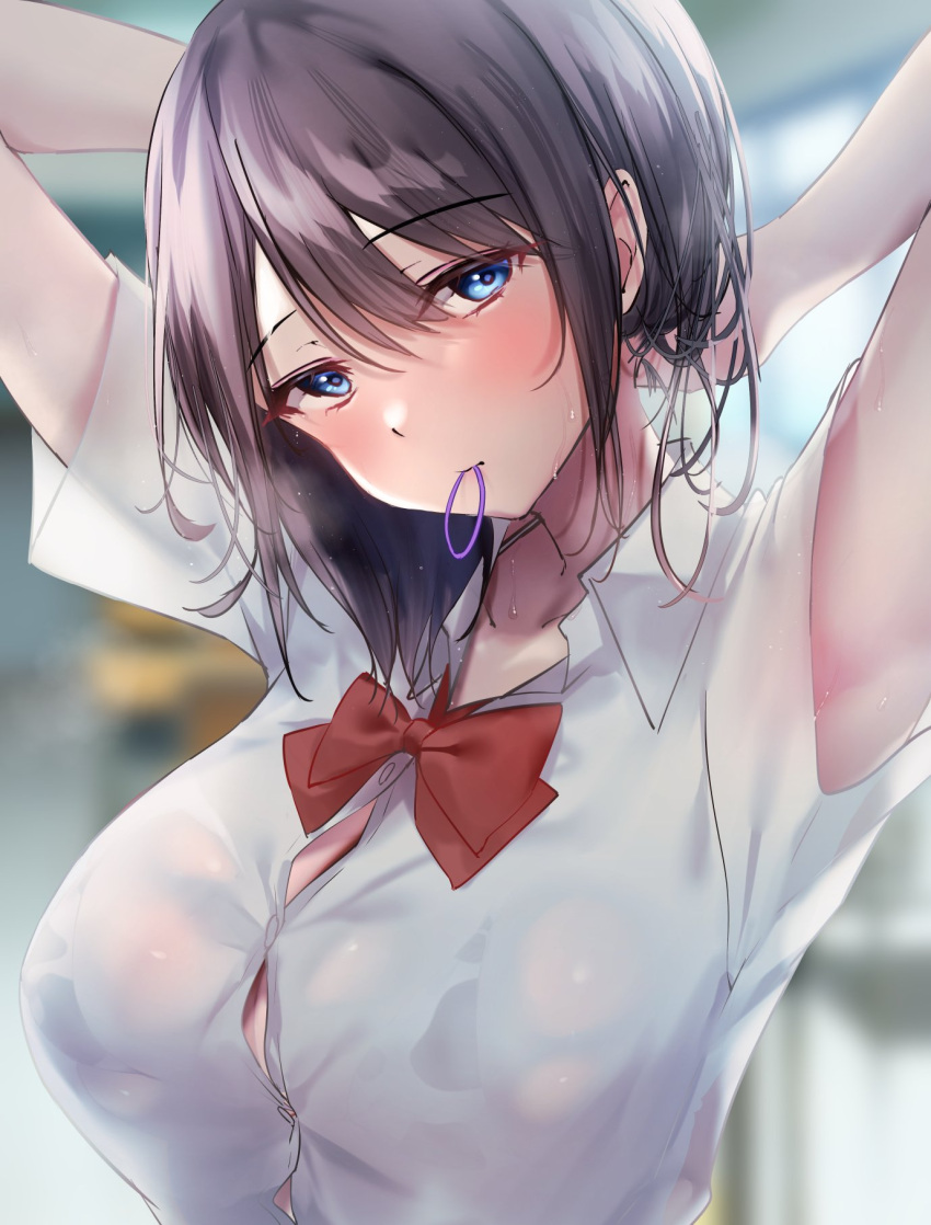1girl arms_behind_head arms_up bangs blue_eyes blurry blurry_background bow bowtie bra bra_pull breasts brown_hair bursting_breasts button_gap closed_mouth clothes_pull collared_shirt eyebrows_visible_through_hair hair_between_eyes hair_tie_in_mouth head_tilt highres indoors looking_at_viewer medium_hair mouth_hold original see-through_silhouette shiny shiny_hair shirt short_sleeves sidelocks solo sweat underwear wet wet_clothes wet_shirt white_shirt wing_collar yuzuki_tsuzuru