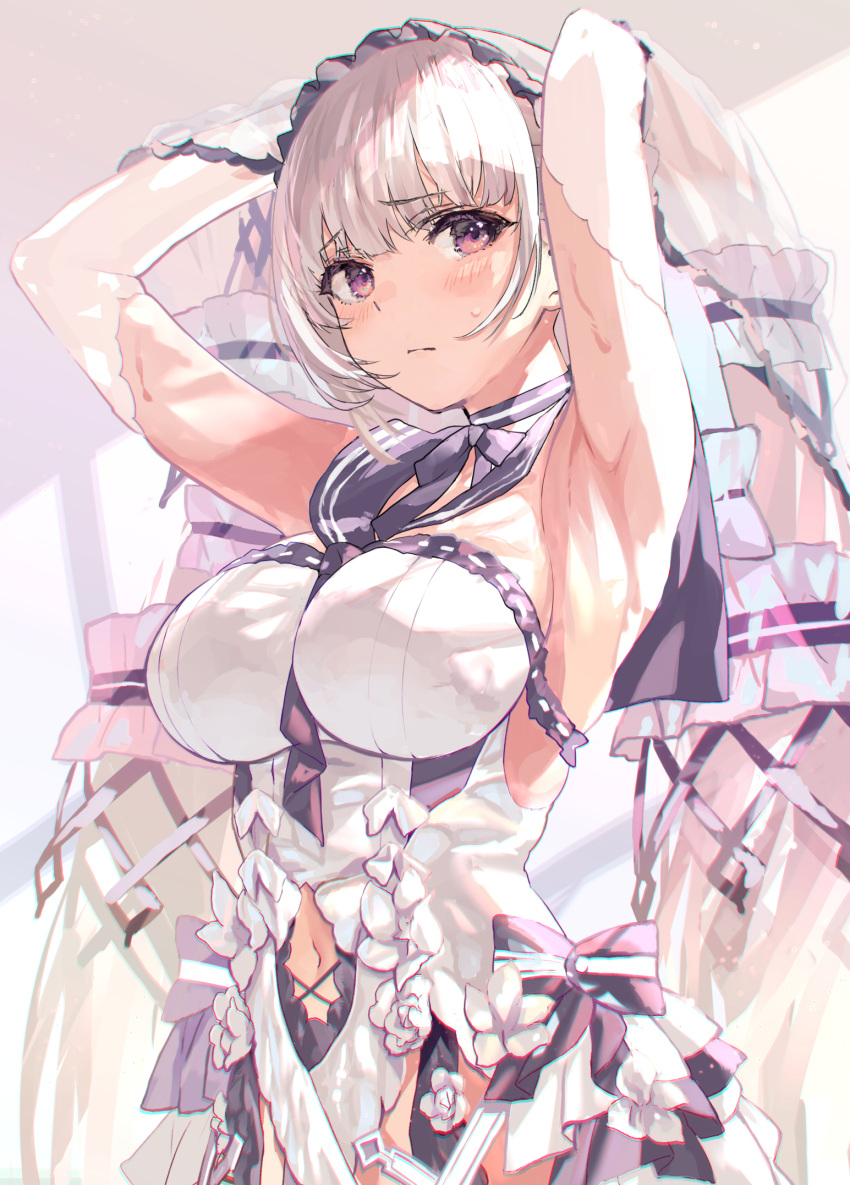 1girl armpits arms_behind_head arms_up azur_lane bangs bare_shoulders blush breasts dress formidable_(azur_lane) formidable_(timeless_classics)_(azur_lane) grey_hair highres large_breasts long_hair looking_at_viewer red_eyes solo temir twintails very_long_hair white_dress