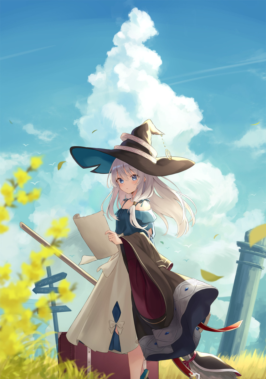 1girl azuuru bangs bare_shoulders black_headwear black_robe blue_eyes blue_sky blush bow broom clouds column day elaina_(majo_no_tabitabi) eyebrows_visible_through_hair hair_between_eyes hat hat_ornament hat_ribbon highres holding holding_broom holding_paper long_hair long_sleeves looking_at_viewer majo_no_tabitabi outdoors paper parted_lips pillar ribbon road_sign robe sign silver_hair sky solo standing suitcase sweat witch_hat