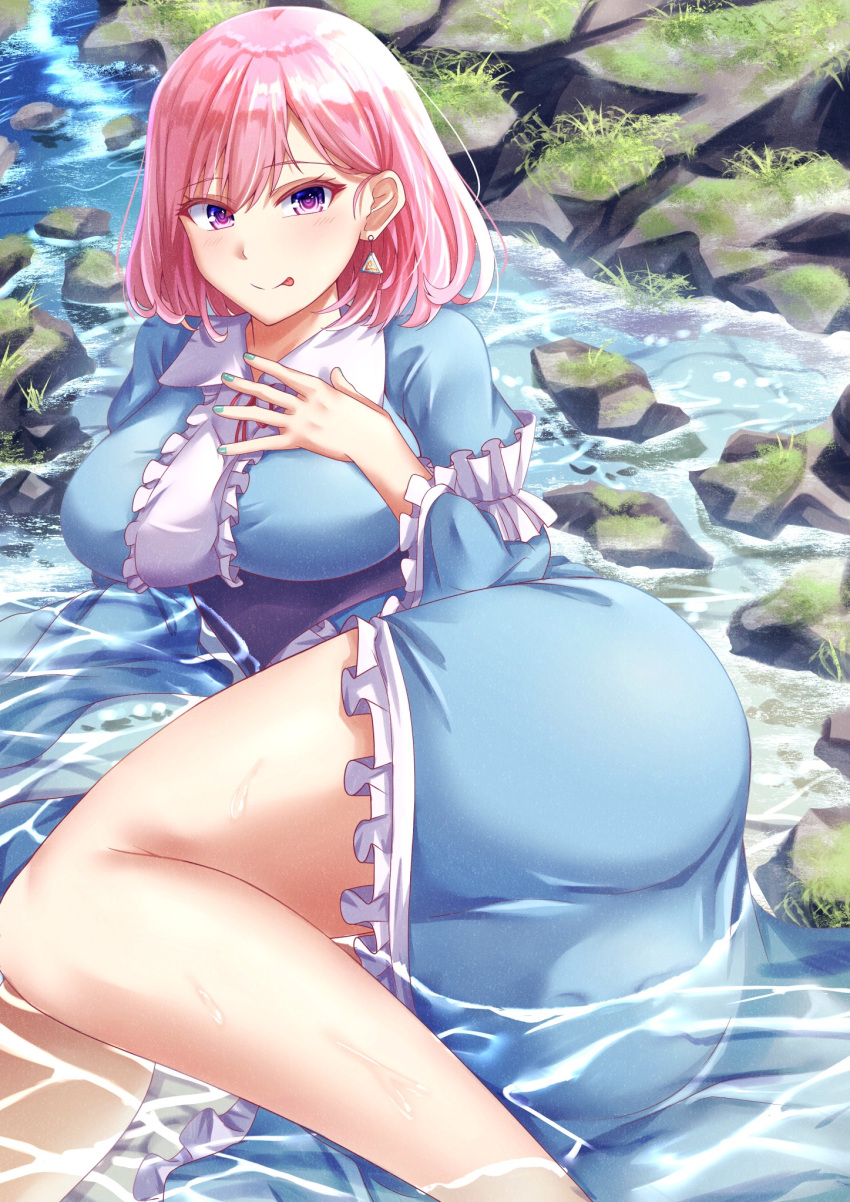 1girl :p ass black_bow blue_bow blue_kimono bow breasts frilled_kimono frills ghost highres japanese_clothes kimono large_breasts long_sleeves mirufui moss neck_ribbon no_hat no_headwear pink_eyes pink_hair red_eyes red_ribbon ribbon rock saigyouji_yuyuko short_hair stream thick_thighs thighs tongue tongue_out touhou triangular_headpiece wavy_hair wide_sleeves