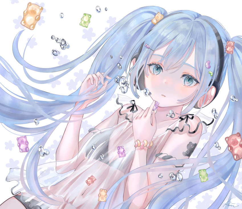 1girl arm_tattoo bangs bikini blue_eyes blue_hair bubble candy candy_hair_ornament commentary eyelashes food food-themed_hair_ornament frilled_shirt frills gummy_bear hair_ornament hatsune_miku headphones highres holding holding_food jelly_bean leaning_back long_hair looking_at_viewer powa_(36iii) see-through_shirt shirt signature simple_background sleeveless sleeveless_shirt solo swimsuit tattoo twintails upper_body vocaloid white_background white_bikini