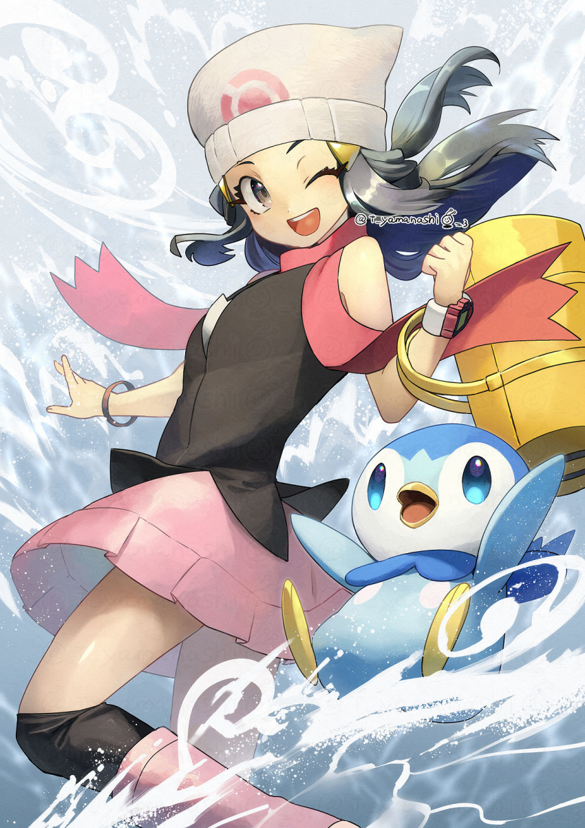 1girl ;d bag beanie black_hair black_legwear boots bracelet clenched_hand commentary_request hikari_(pokemon) duffel_bag eyelashes floating_hair floating_scarf gen_4_pokemon grey_eyes hands_up hat highres jewelry long_hair one_eye_closed open_mouth over-kneehighs pink_footwear pink_scarf pink_skirt piplup pokemon pokemon_(creature) pokemon_(game) pokemon_dppt scarf shiny shiny_skin shirt skirt sleeveless sleeveless_shirt smile starter_pokemon thigh-highs tongue upper_teeth water white_headwear yamanashi_taiki yellow_bag