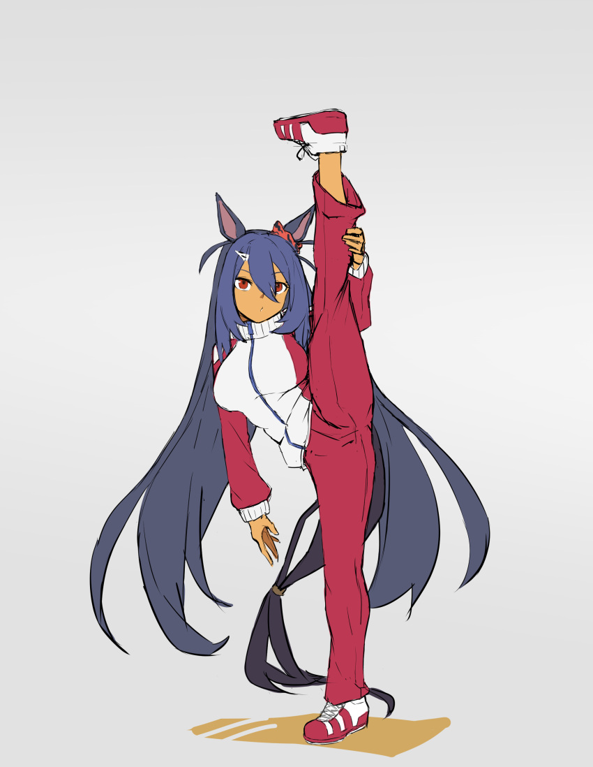 1girl absurdres animal_ears bangs commentary_request dark_blue_hair ear_ornament full_body hair_between_eyes hair_ornament hair_tie hairclip hand_on_own_leg highres hishi_amazon_(umamusume) horse_ears horse_girl horse_tail jacket long_hair long_sleeves mafuyu_no_mo pants red_eyes red_scrunchie red_track_suit scrunchie shoes simple_background sneakers solo split standing standing_on_one_leg standing_split tail tan track_jacket track_pants track_suit umamusume very_long_hair