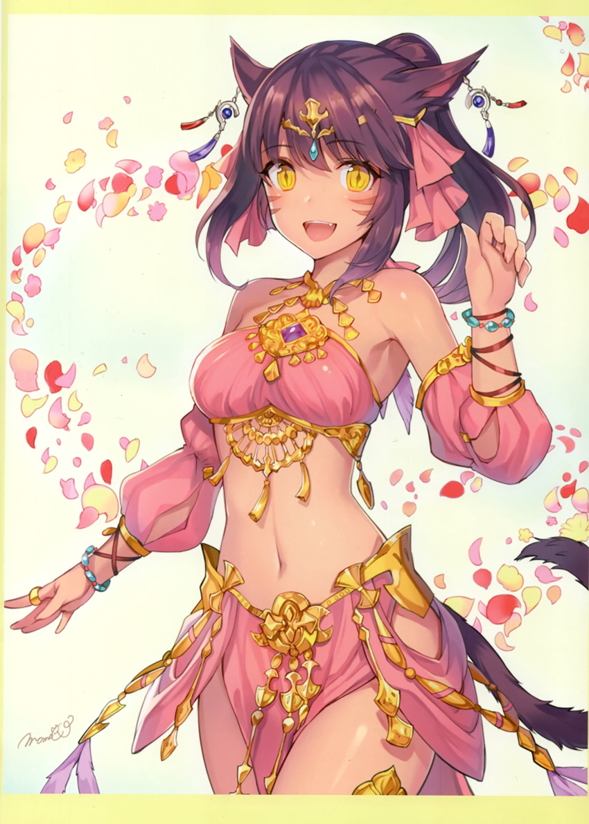 1girl :d absurdres animal_ears armpits bandeau bare_shoulders bead_bracelet beads black_hair bracelet breasts cat_ears cat_girl cat_tail cowboy_shot dancer detached_sleeves facial_mark fang final_fantasy final_fantasy_xiv hair_ornament hair_ribbon hand_up harem_outfit highres jewelry long_hair looking_at_viewer medium_breasts midriff miqo'te momoko_(momopoco) navel open_mouth pelvic_curtain ponytail revealing_clothes ribbon scan sidelocks slit_pupils smile solo standing stomach tail thighs whisker_markings yellow_eyes