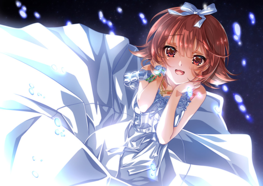 1girl bare_arms commentary_request dress dutch_angle hair_ribbon highres idolmaster idolmaster_million_live! idolmaster_million_live!_theater_days jewelry long_dress looking_at_viewer necklace night nonohara_akane off_shoulder pearl_necklace red_eyes redhead ribbon senomoto_hisashi short_hair sky sleeveless sleeveless_dress solo star_(sky) starry_sky sundress white_dress white_ribbon