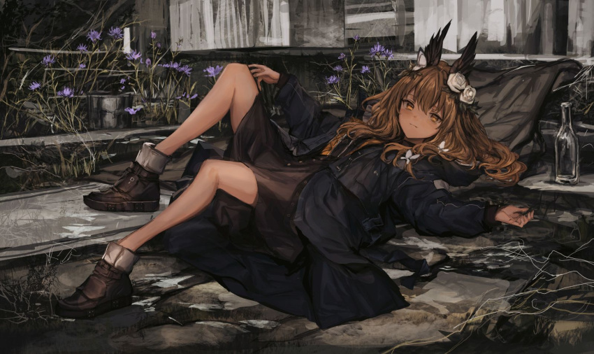 1girl black_coat black_dress boots bottle brown_eyes brown_hair butterfly_hair_ornament coat dress flower full_body glass_bottle hair_between_eyes hair_flower hair_ornament highres knees_up lavender_flower lavender_quartz lm7_(op-center) long_hair long_sleeves looking_at_viewer lying on_back on_ground outdoors outstretched_arms rose short_dress solo torabishi_lana white_flower white_rose