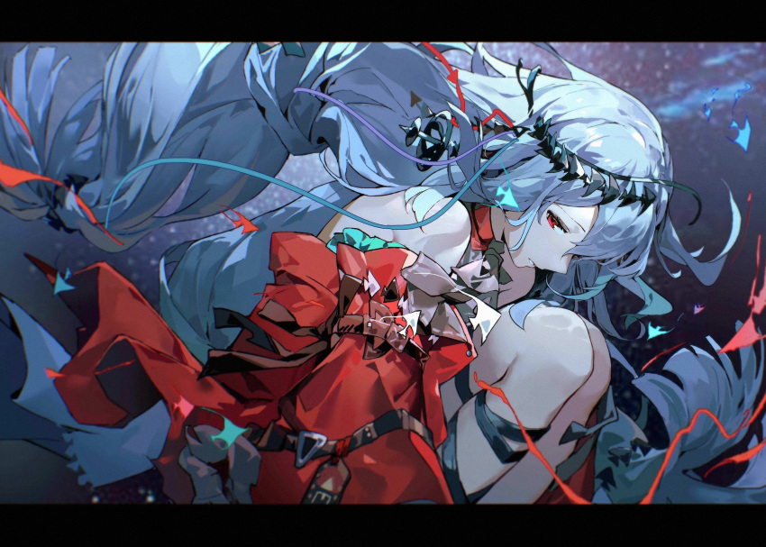 1girl animal arknights bangs bare_shoulders bow bowtie dress fish from_side hair_ornament hairband highres kagura_tohru leg_belt letterboxed long_hair looking_at_viewer ponytail red_dress red_eyes silver_hair skadi_(arknights) skadi_the_corrupting_heart_(arknights) solo underwear very_long_hair