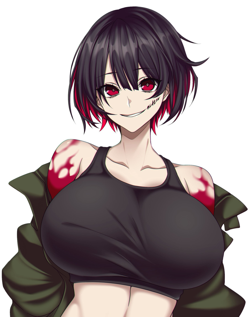 1girl bare_shoulders blood blood_on_face bloody_hands blush breasts brown_hair camui_kamui collarbone eyebrows_visible_through_hair glasgow_smile green_jacket hair_between_eyes highres jacket large_breasts multicolored multicolored_hair original parted_lips red_eyes redhead shiny shiny_skin short_hair simple_background smile solo stitches upper_body white_background