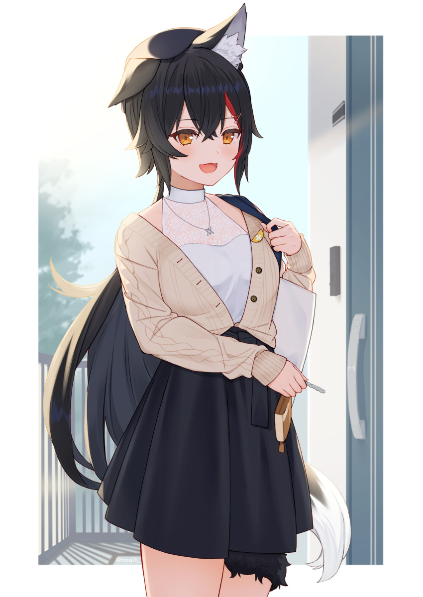 1girl animal_ear_fluff animal_ears black_hair black_headwear black_skirt blush border brown_cardigan cardigan cowboy_shot door_handle hair_between_eyes hair_ornament hairclip hat highres holding holding_key hololive jewelry key long_hair looking_at_viewer mirai_(mirai76_) multicolored_hair necklace ookami_mio open_cardigan open_clothes open_mouth orange_eyes outdoors outside_border railing redhead shirt skirt sleeveless sleeveless_shirt solo streaked_hair tail unbuttoned very_long_hair white_border white_shirt wolf_ears wolf_girl wolf_tail