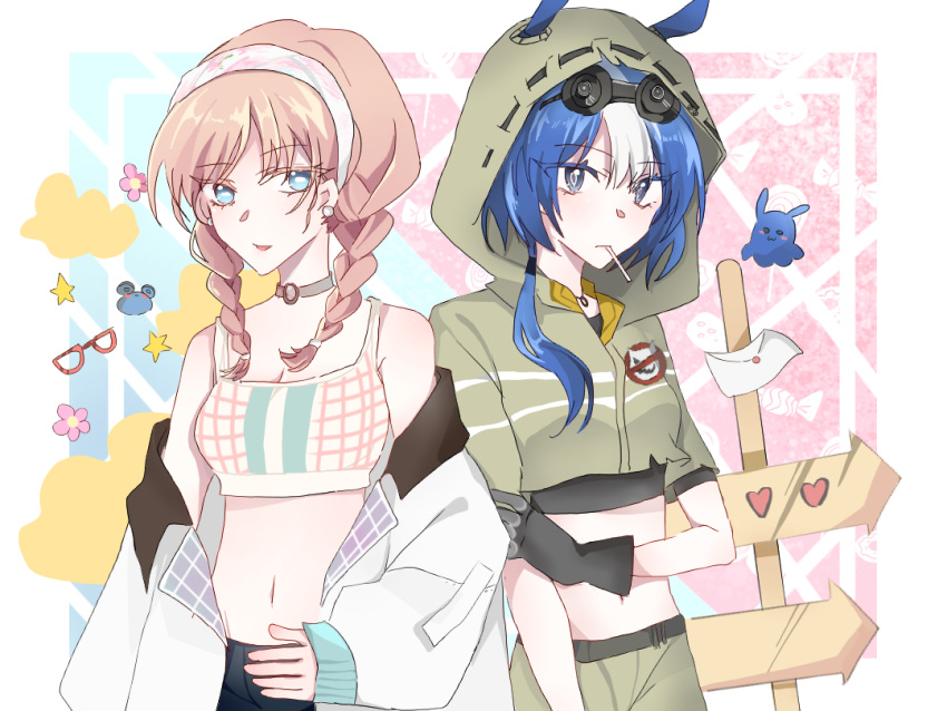 2girls alternate_costume animal_ears arknights bare_shoulders blue_eyes blue_hair blue_poison_(arknights) blue_poison_(shoal_beat)_(arknights) braid candy choker crop_top food food_in_mouth glaucus_(arknights) glaucus_(exterminator_in_the_square)_(arknights) gloves hairband hood hood_up jacket liangxi lollipop midriff multicolored_hair multiple_girls navel official_alternate_costume open_clothes open_jacket pink_hair short_sleeves streaked_hair symbol_commentary twin_braids white_jacket